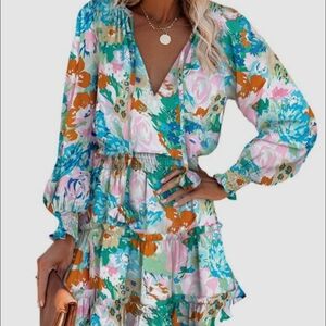 Floral Long Sleeve Dress in Blue and Pink